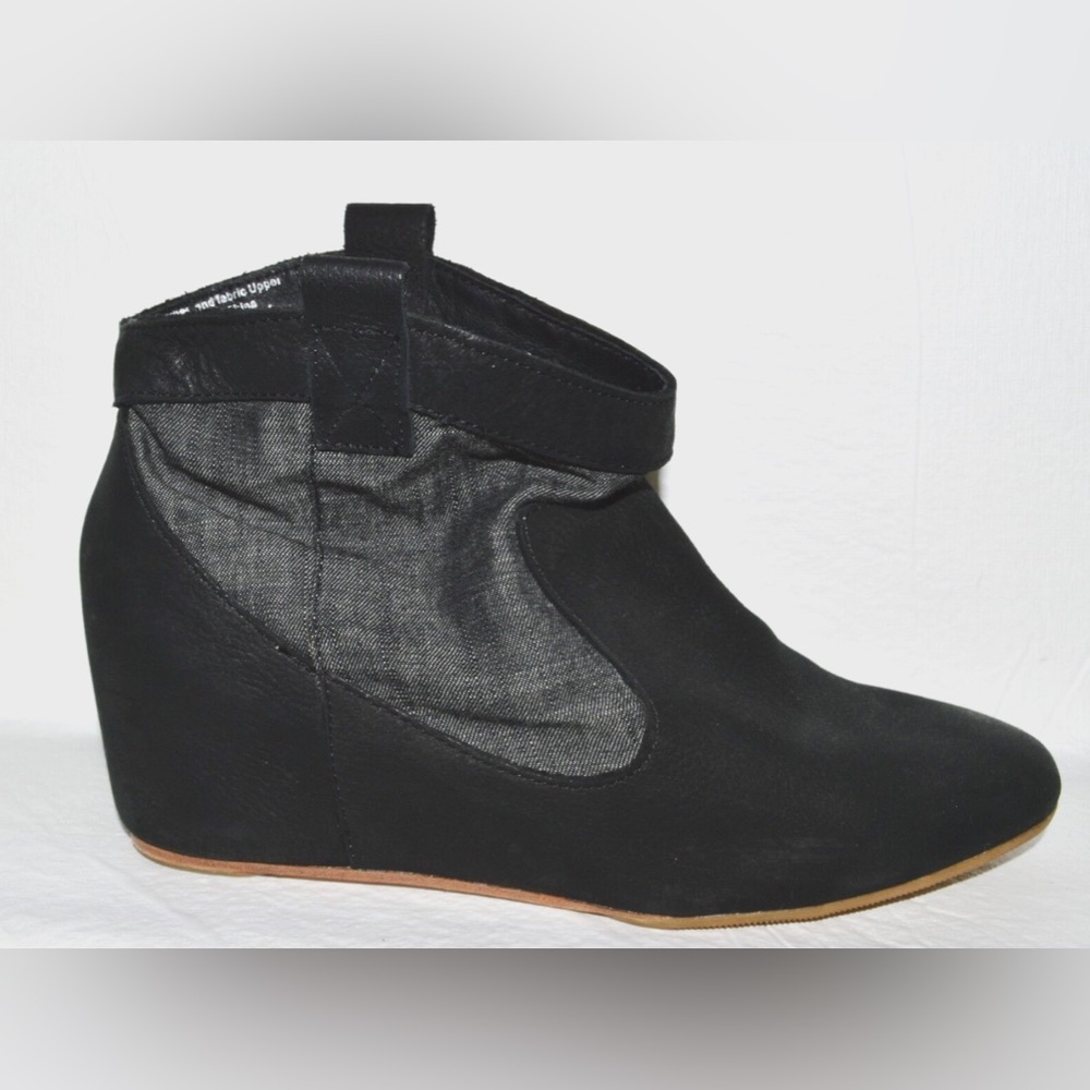 80%20 SZ 6 M BLACK LEATHER JEANS ANKLE BOOTS COVERED HIDDEN WEDGE HEEL BOOTIES